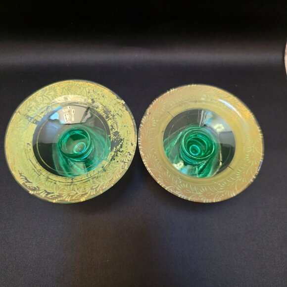 VTG Pair of Uranium Green Depression Glass Geometric Hexagon Taper Candle Holder - Picture 4 of 9